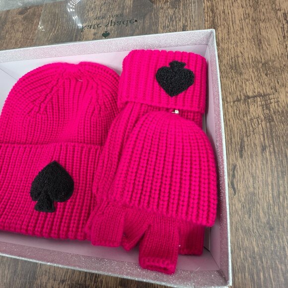 Kate Spade NY Chenille Patch Knit Box Set Beanie Hat Mittens Pink Black Gift New - Picture 3 of 11